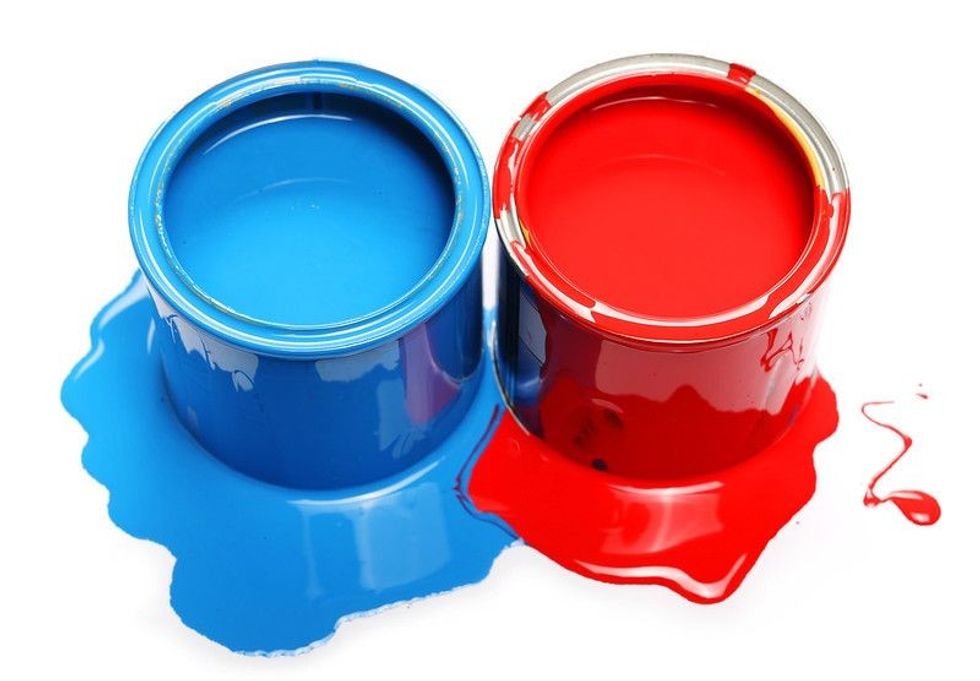 Tin can of color paint blue & red.