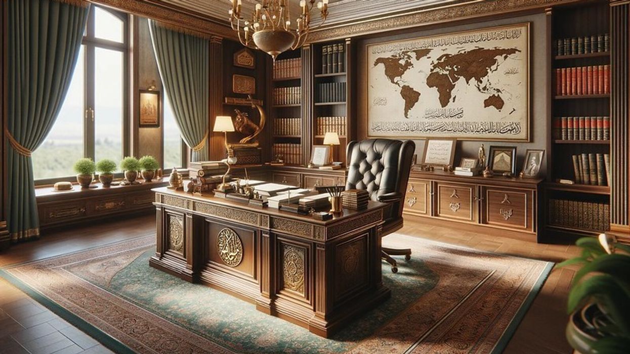 Traditional office of a high-ranking figure featuring a wooden desk with documents, bookshelves with historical books, framed calligraphy, and a Persian rug.
