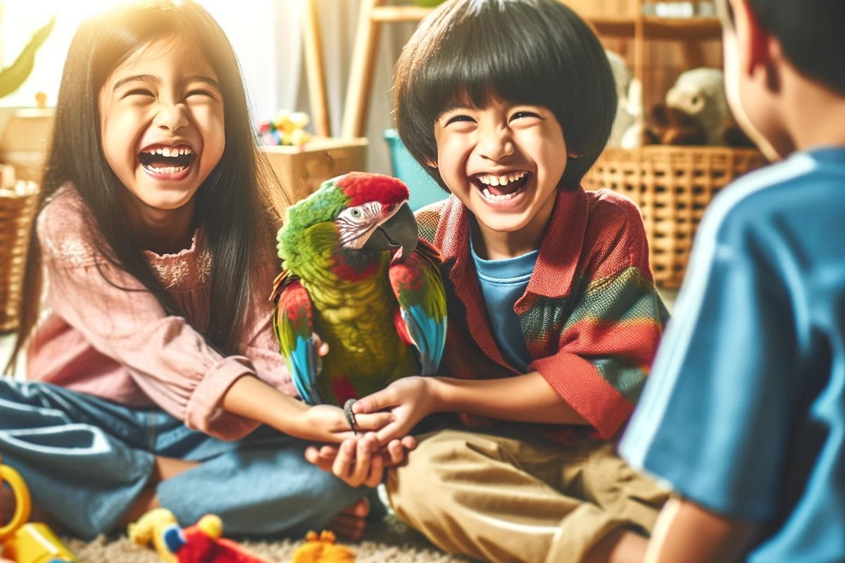 Two children laugh and play with a colorful parrot, illustrating the humor in parrot jokes.