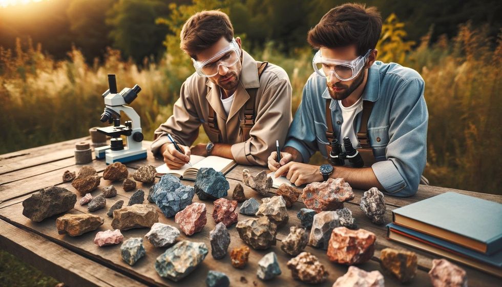 Two geologists examine an array of various rock pieces on a table, engaged in discussion and analysis, surrounded by nature, highlighting the practice of geological study.