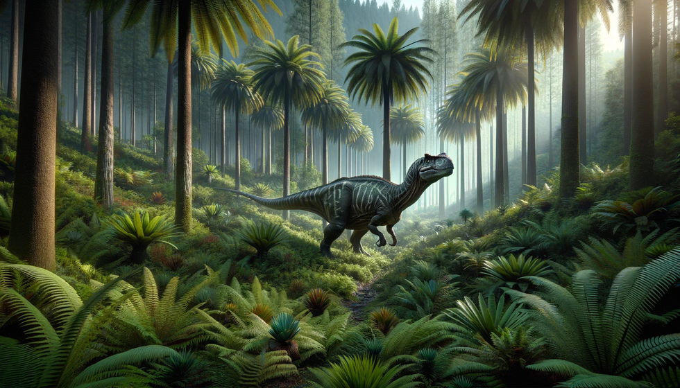 \u200bEiniosaurus roaming through a dense forest of ferns, cycads, and conifers, depicting its natural late Cretaceous habitat.