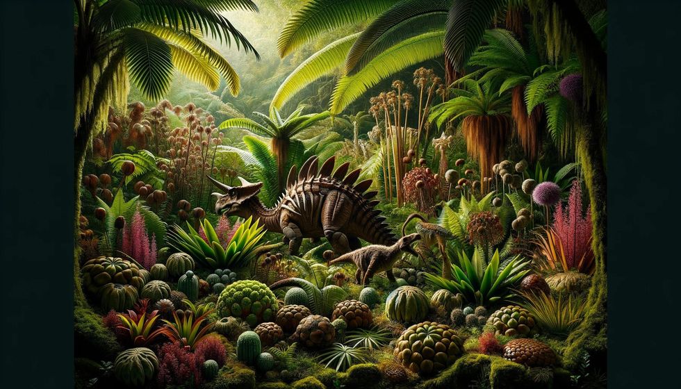 Various plants that Protoceratops would have eaten, including ferns, cycads, and early flowering plants, depicted in their natural habitat.