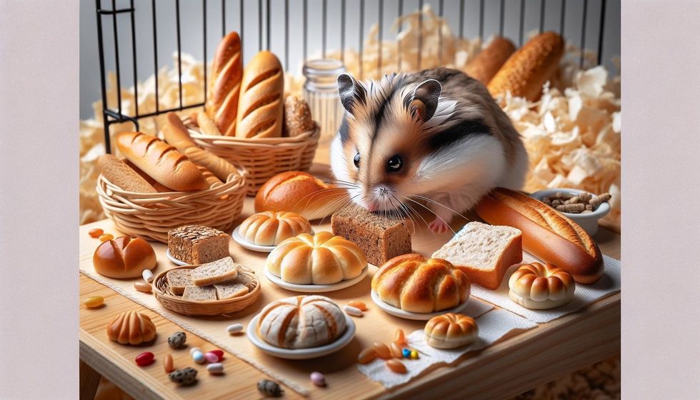 Various types of bread in miniature form, including whole grain and rye, are inspected by a hamster, exploring safe bread options for hamsters.