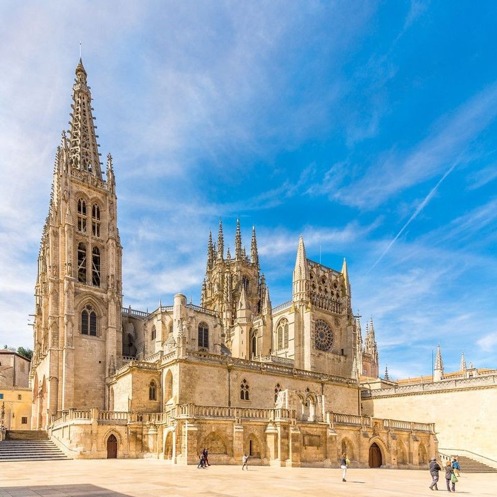 View at the Cathedral of Saint Mary from Rey San Fernando place in Burgos, Spain