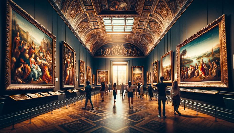 Visitors in an art gallery viewing famous Renaissance paintings, with detailed artworks hanging on the walls and soft lighting enhancing the colors