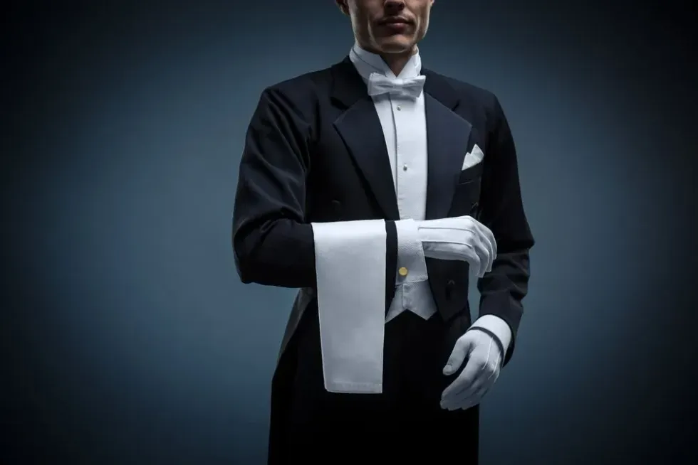 Waiter in a black tuxedo on a black background