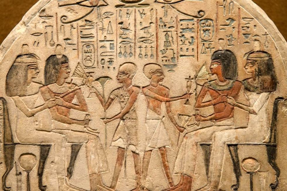 Wall painting and decoration of the tomb: ancient Egyptian gods and hieroglyphs in wall painting in the Pavilion Hall Hermitage.