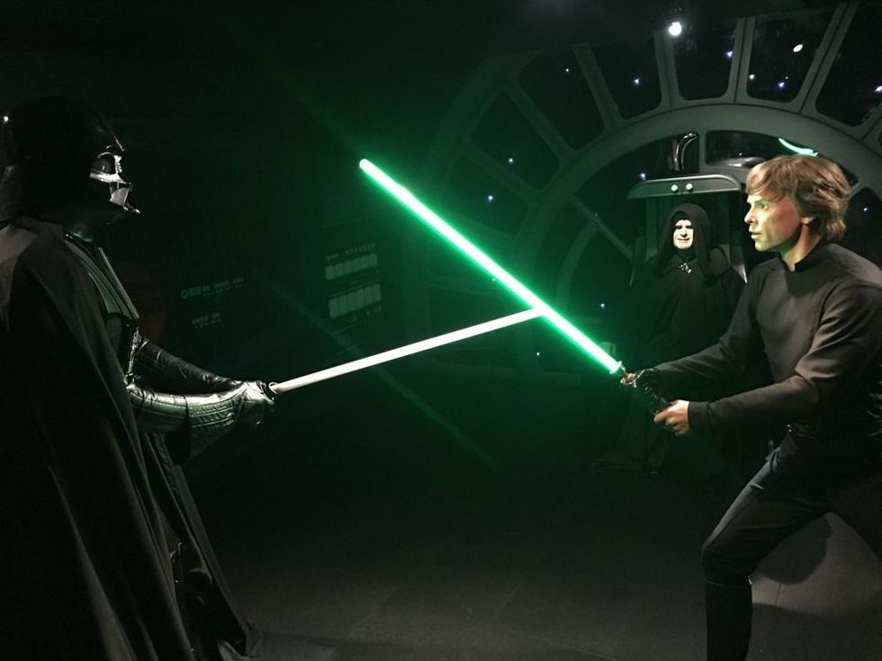 Wax figures of Darth Vader and Luke Skywalker in the reconstruction of the Star Wars set in Madame Tussaud Museum