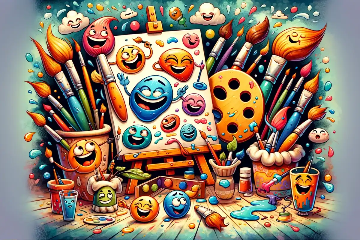 Whimsical art studio scene with playful art tools, embodying joy and humor in art puns.