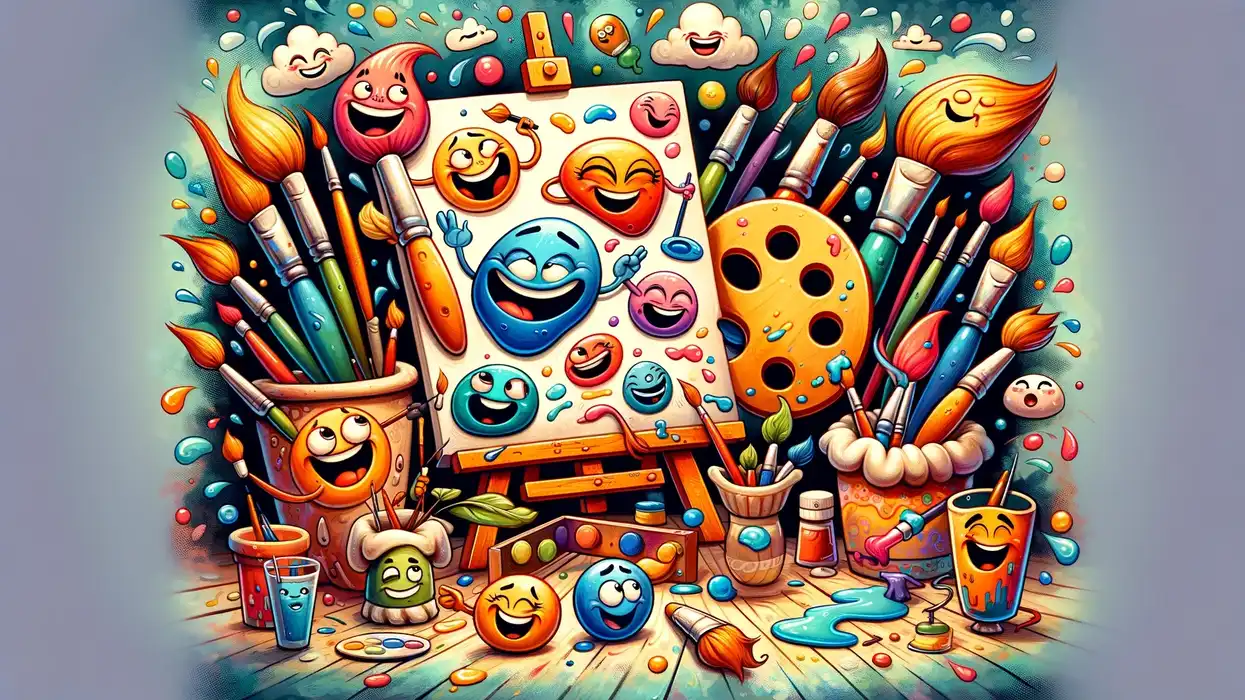 Whimsical art studio scene with playful art tools, embodying joy and humor in art puns.