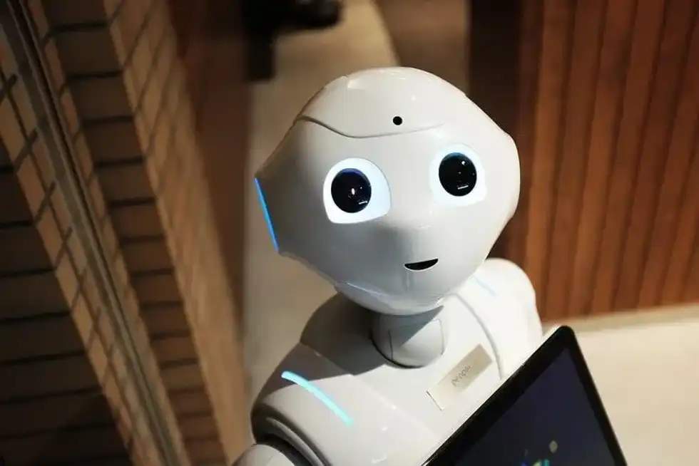 White robot looking straight at the camera.