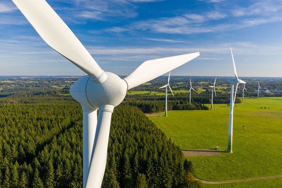 Wind turbines in a rural area.