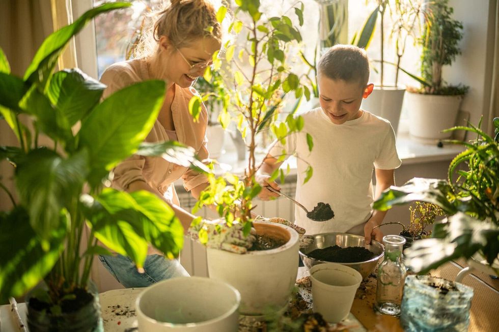 woman and kid planting tree in pot