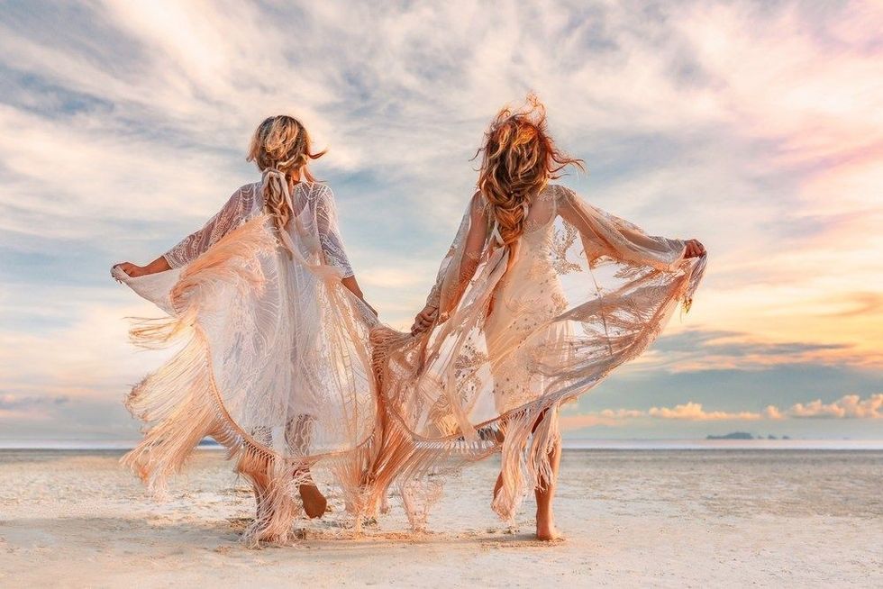 Woman in elegant boho dresses