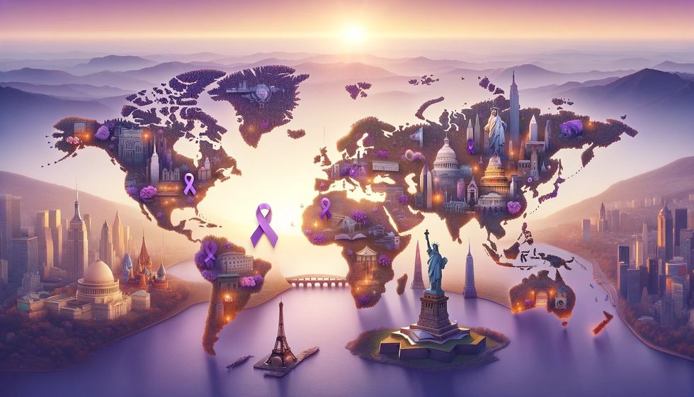 World map highlighting countries with iconic landmarks adorned with purple ribbons, symbolizing the global observance of International Women's Day.