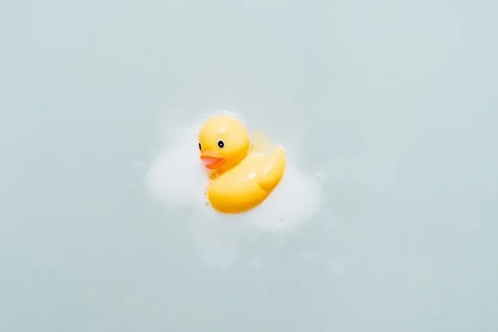 Yellow rubber duck with soapy foam on it.