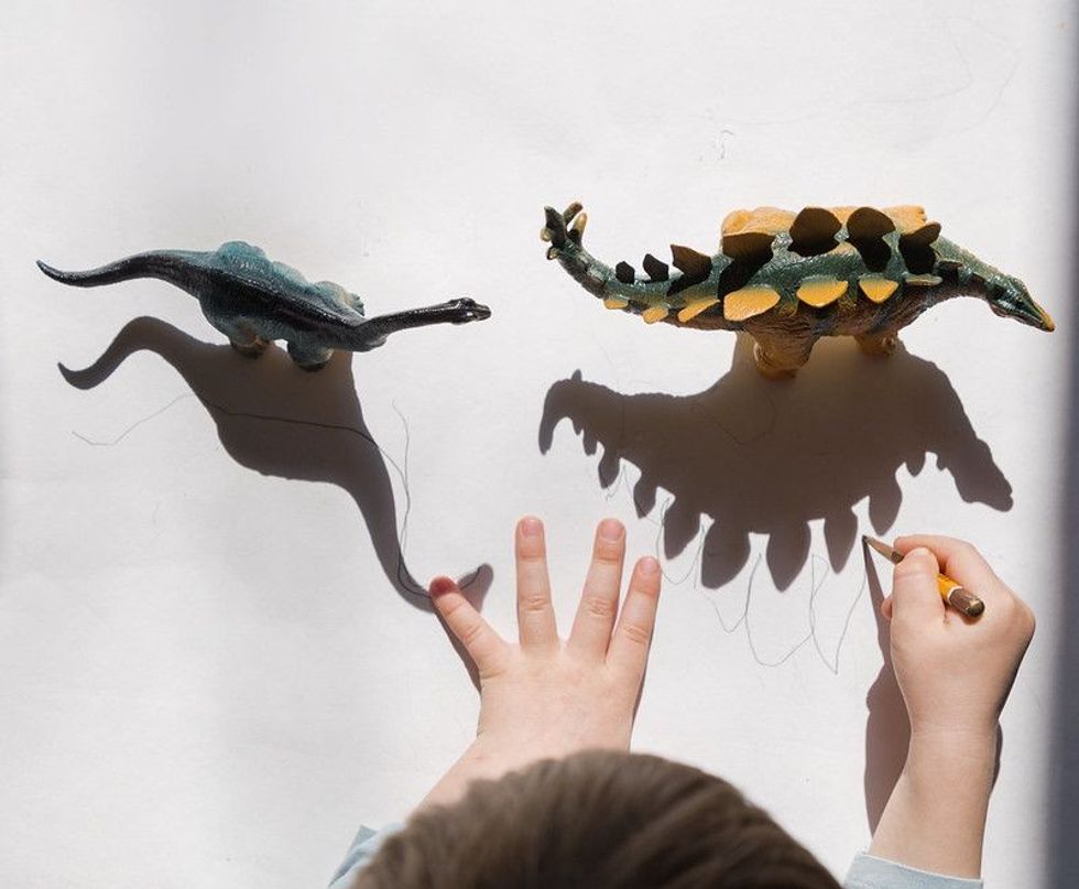 Young boy drawing the outline of shadows made by toy dinosaurs